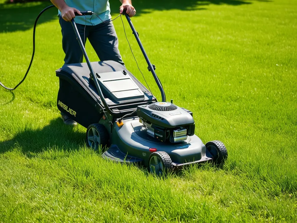 A lush green lawn being mowed by a professional lawn care technician, showcasing the precision and care involved in lawn maintenance.