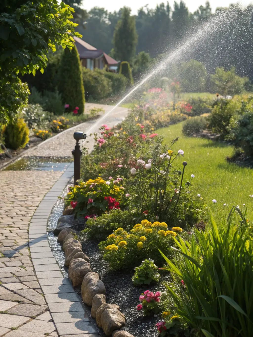 An efficient irrigation system watering a lush green lawn, highlighting RR Lawn Care Boise's irrigation services.