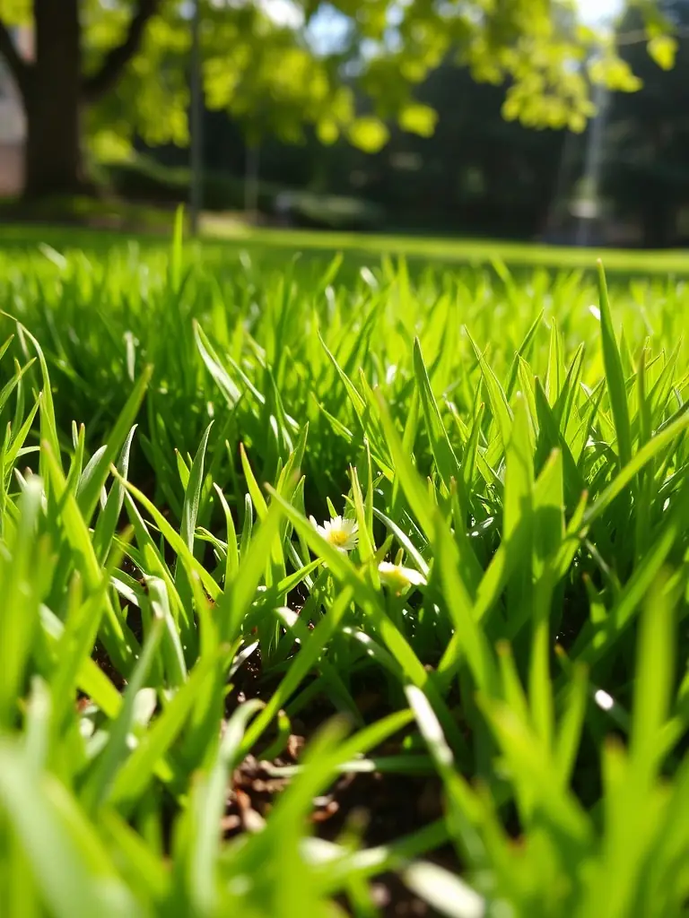 A close-up shot of a perfectly manicured lawn with vibrant green grass, showcasing the results of RR Lawn Care Boise's lawn mowing service.