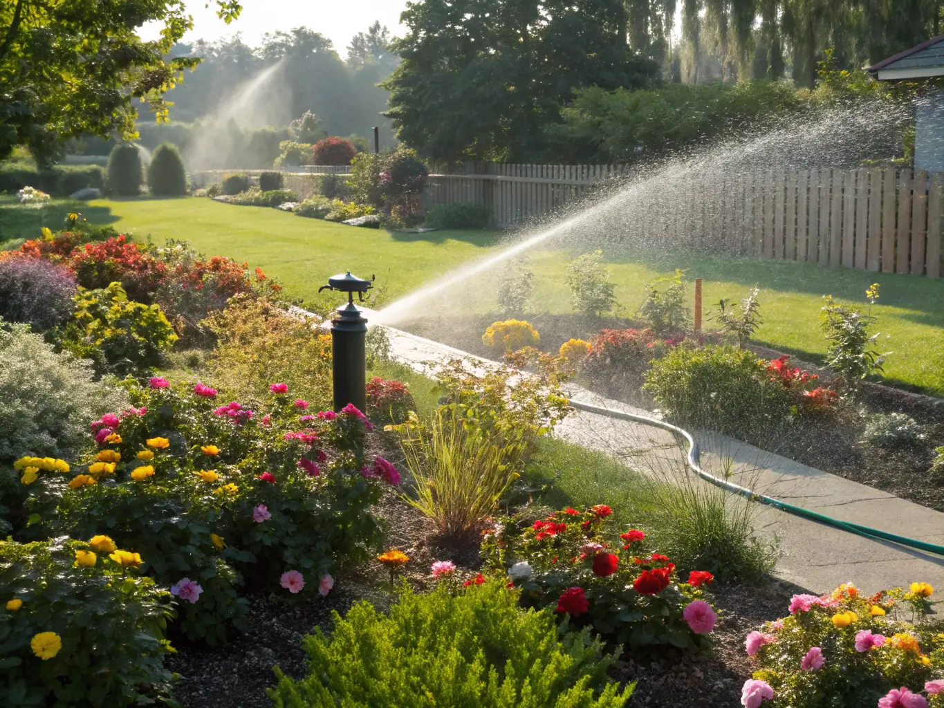 An automated irrigation system watering a garden, demonstrating the efficiency and environmental benefits of modern irrigation technology.